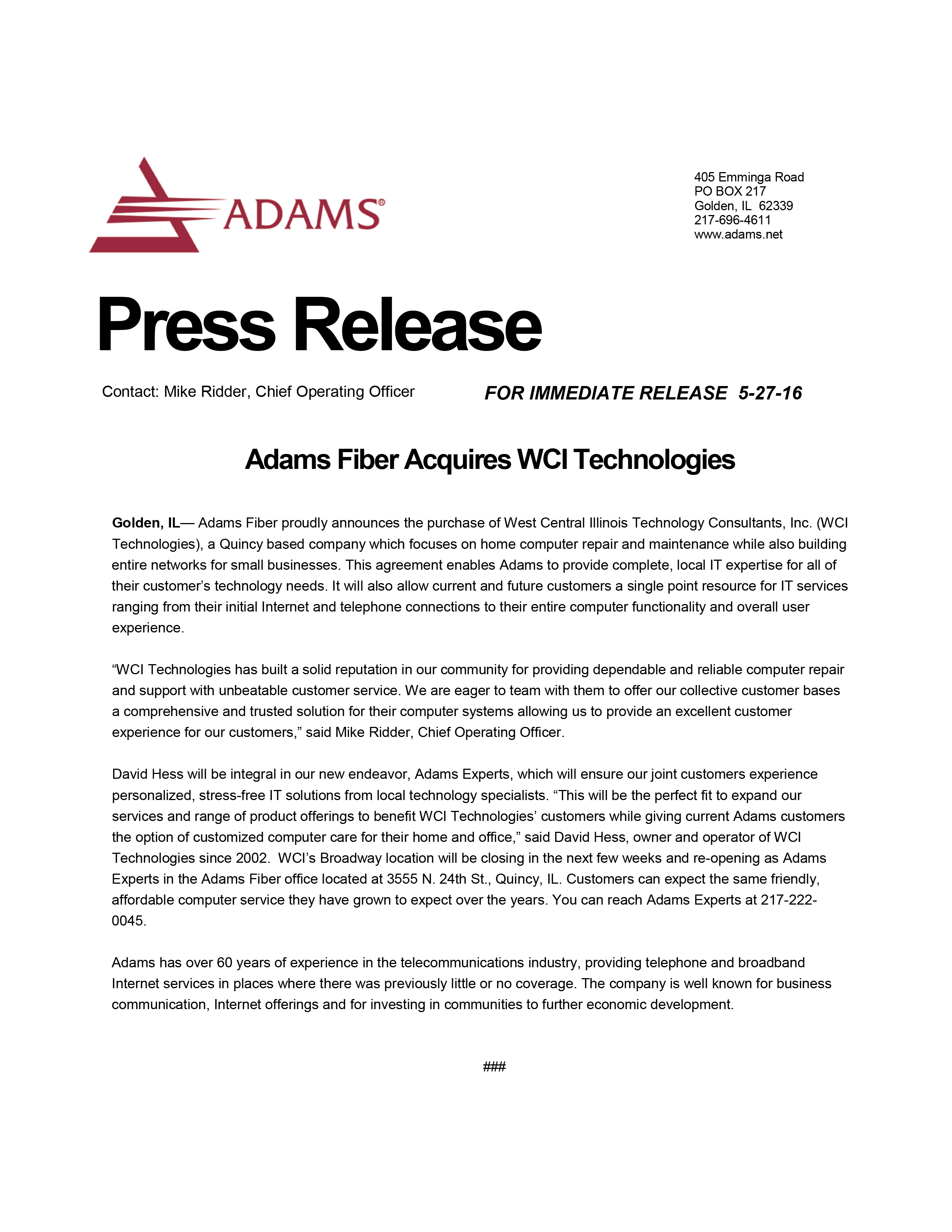 Adams Fiber Acquires WCI Technologies
